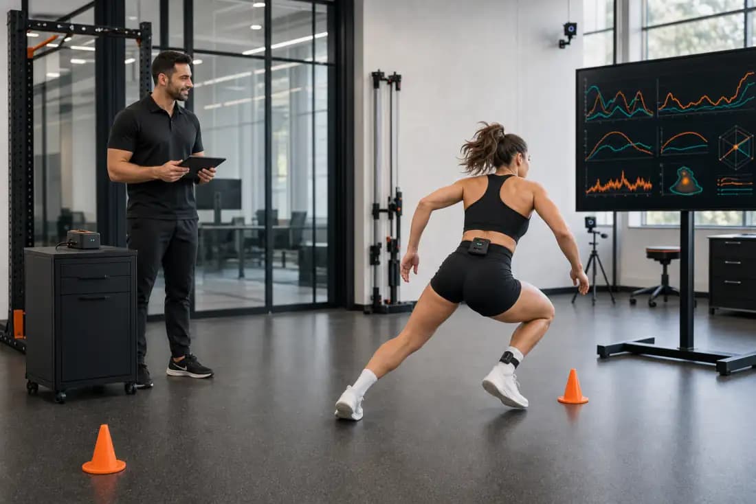 Researcher using MyoQuality sensors to analyse an athlete’s lateral movement in a performance laboratory.