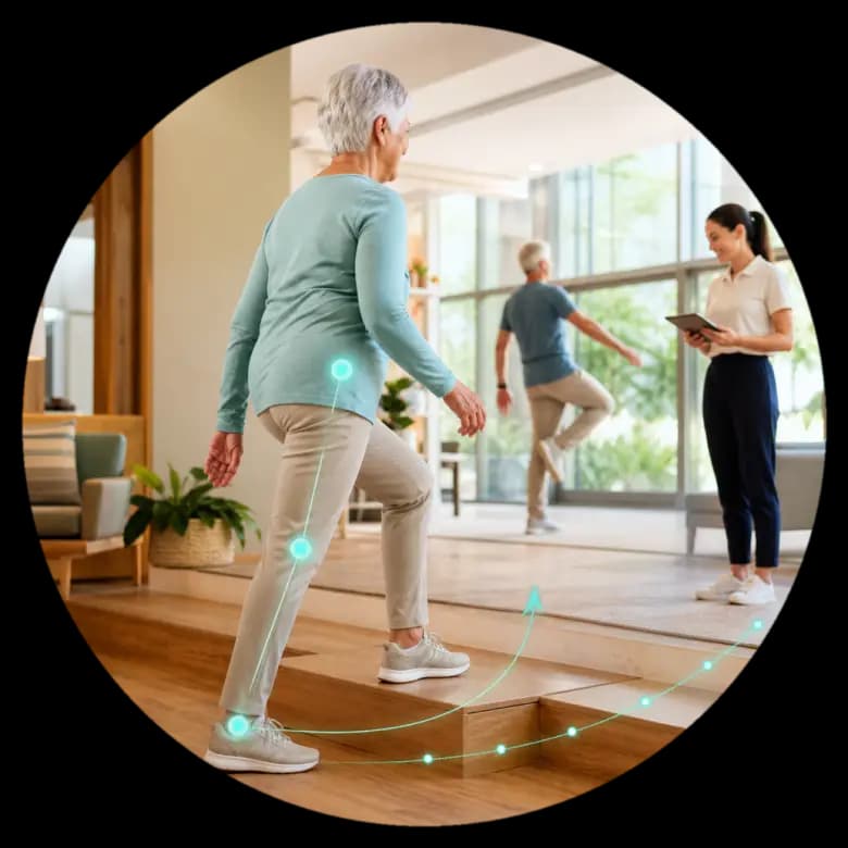 Older woman stepping up with movement tracking while a professional records the session.