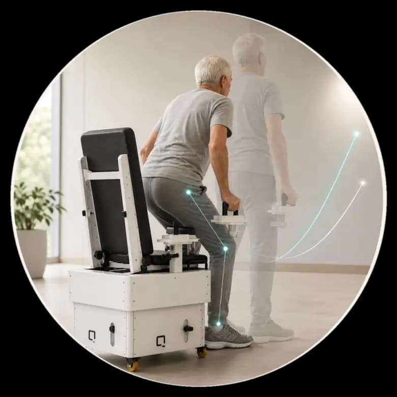 Persona levantándose de la silla MyoCare con seguimiento de la fuerza y de la evolución funcional.